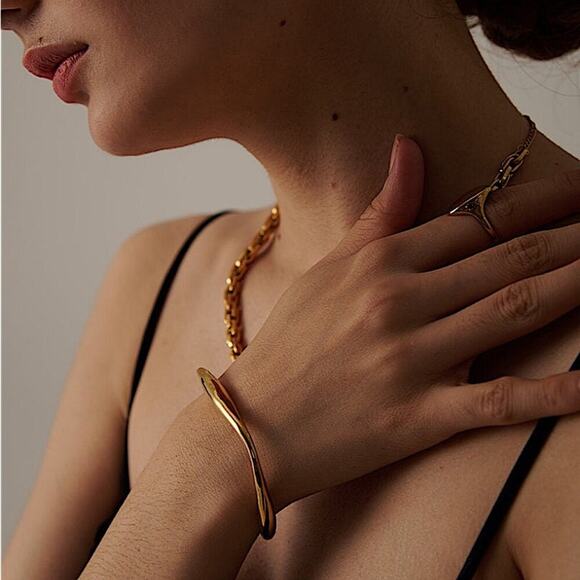 Gold Irregular Bangle Cuff Bracelet, Geometric, Asymmetric - Picture 8 of 15